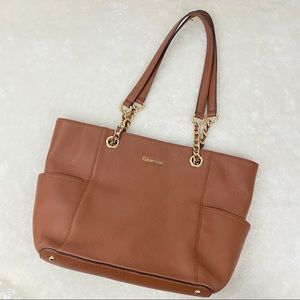Calvin Klein Safiano Brown Genuine Leather Shoulder Bag